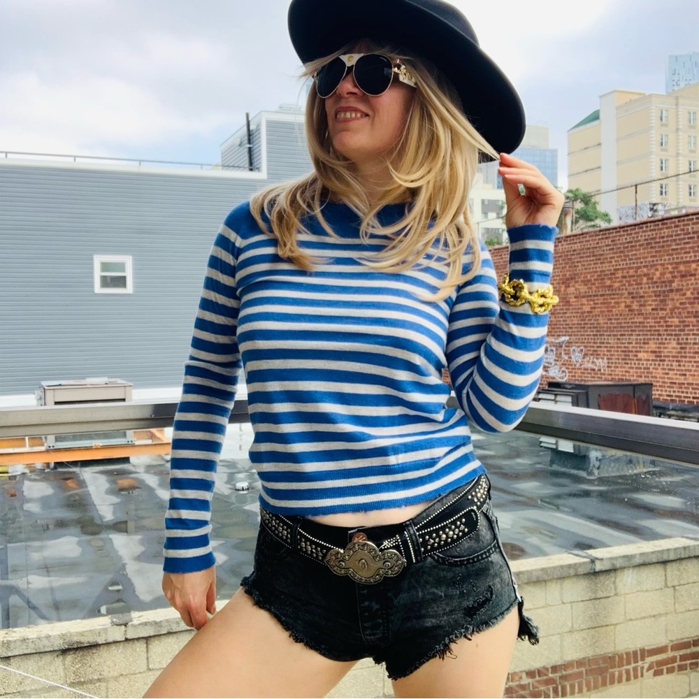 Zadig & Voltaire 100% Cashmere Striped Marina Distressed Tee Shirt Sweater Navy
